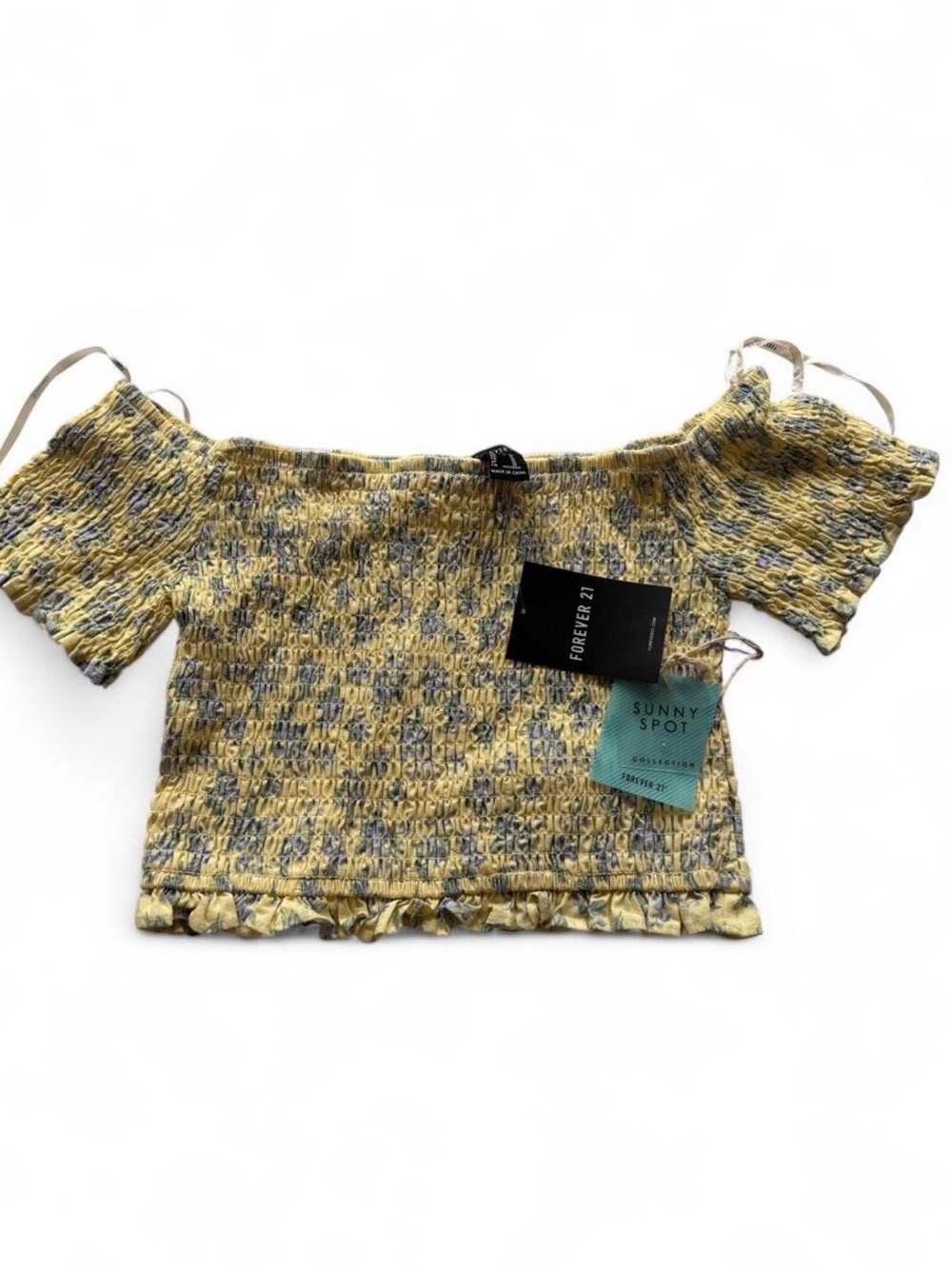 NWT Forever 21 Yellow and Blue Floral Smocked Off-Shoulder Crop Top